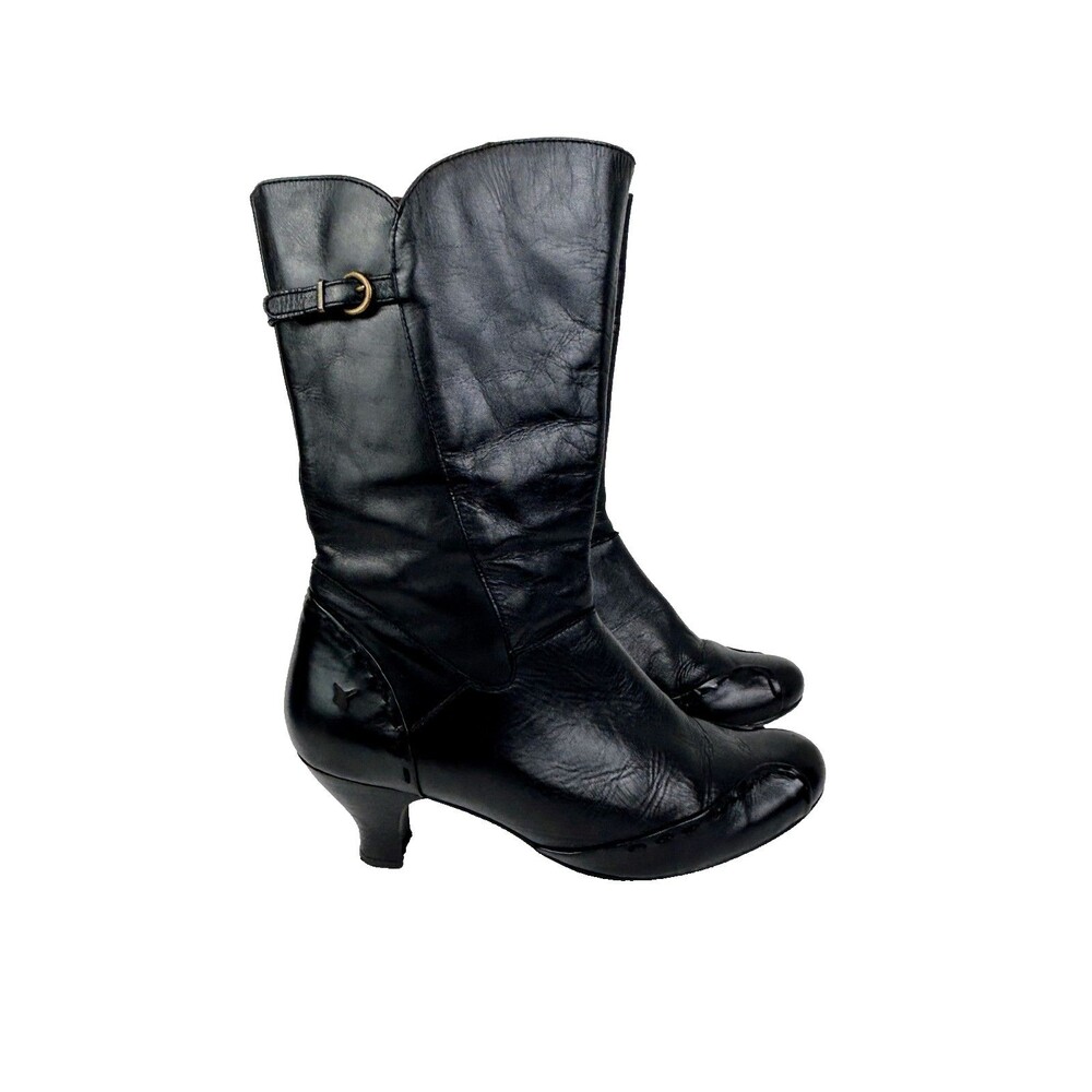 Pikolinos Mid Calf Heeled Boots Black Leather Buckle Detail Vintage Style US 9.5